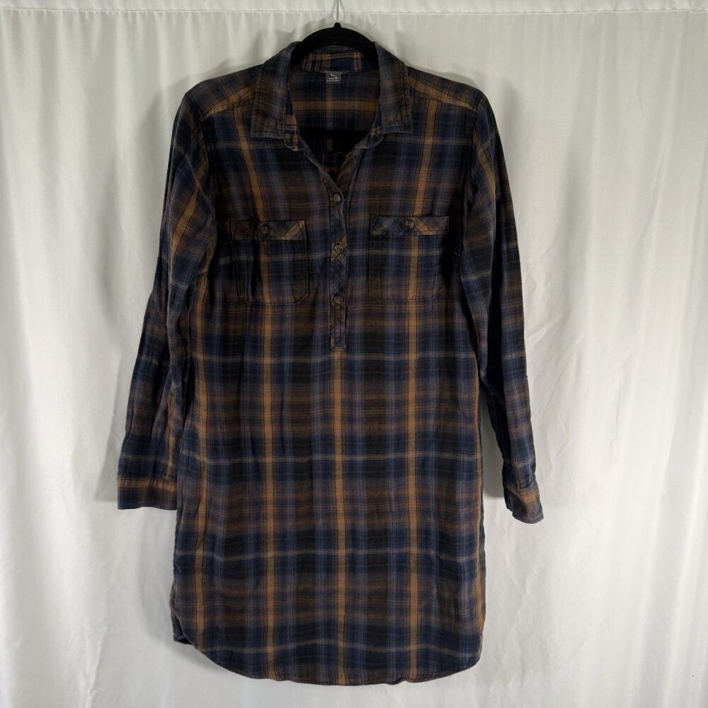 Eddie Bauer Flannel Dress Women's 10 Brown Blue Plaid Button Up Long Sleeve